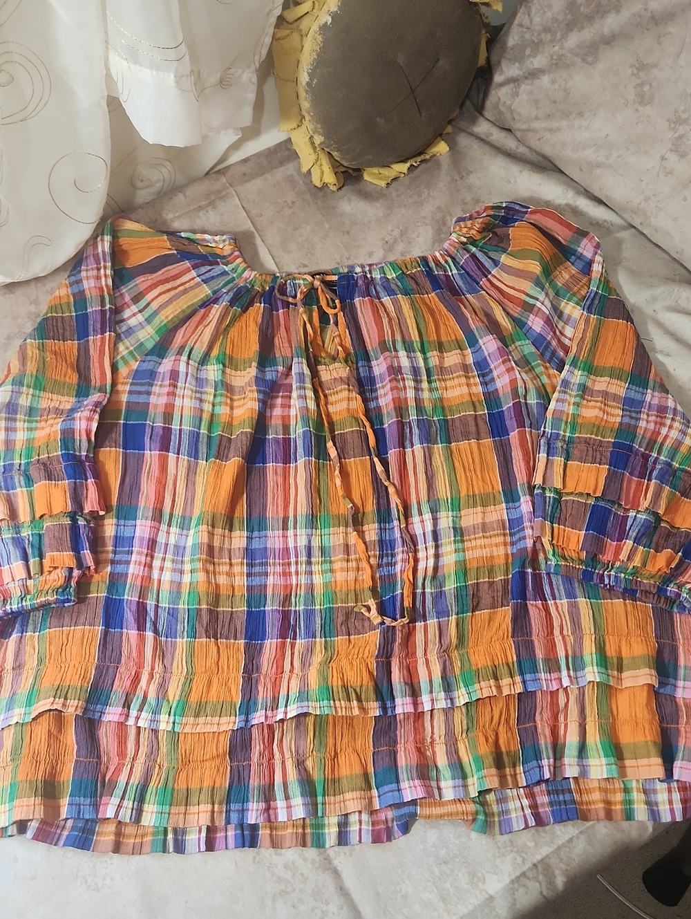 Lauren Ralph Lauren Multicolor Plaid Peasant Blouse - Orange Green Blue Purple